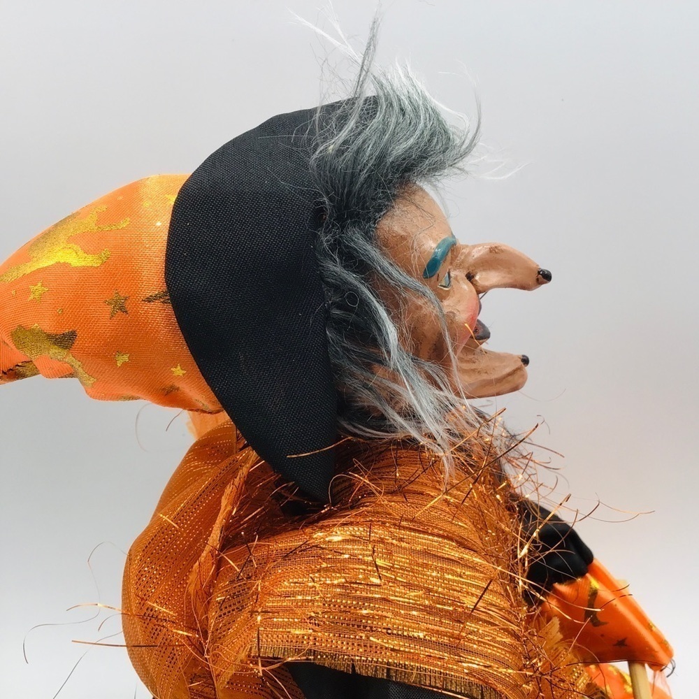 Halloween Witch 13” Doll Figure Whimsy Shelf Sitter Black Orange Dress Broom - Picture 3 of 8